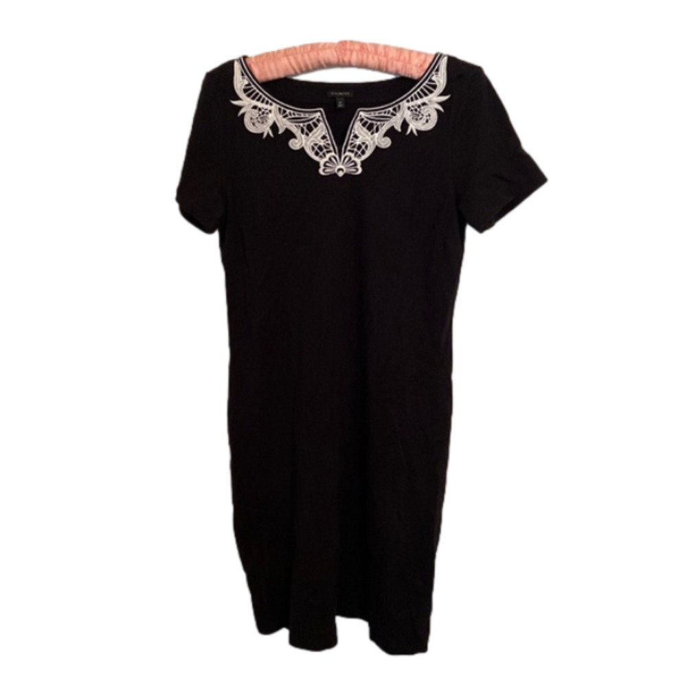 Talbots Womens Short Sleeve Black Dress White Embroidered V Neckline